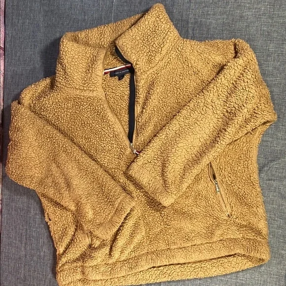 Tommy Hilfiger Tan Sherpa Fleece Pullover 1/4 Zip Large Cozy Winter Sweater - Picture 6 of 10